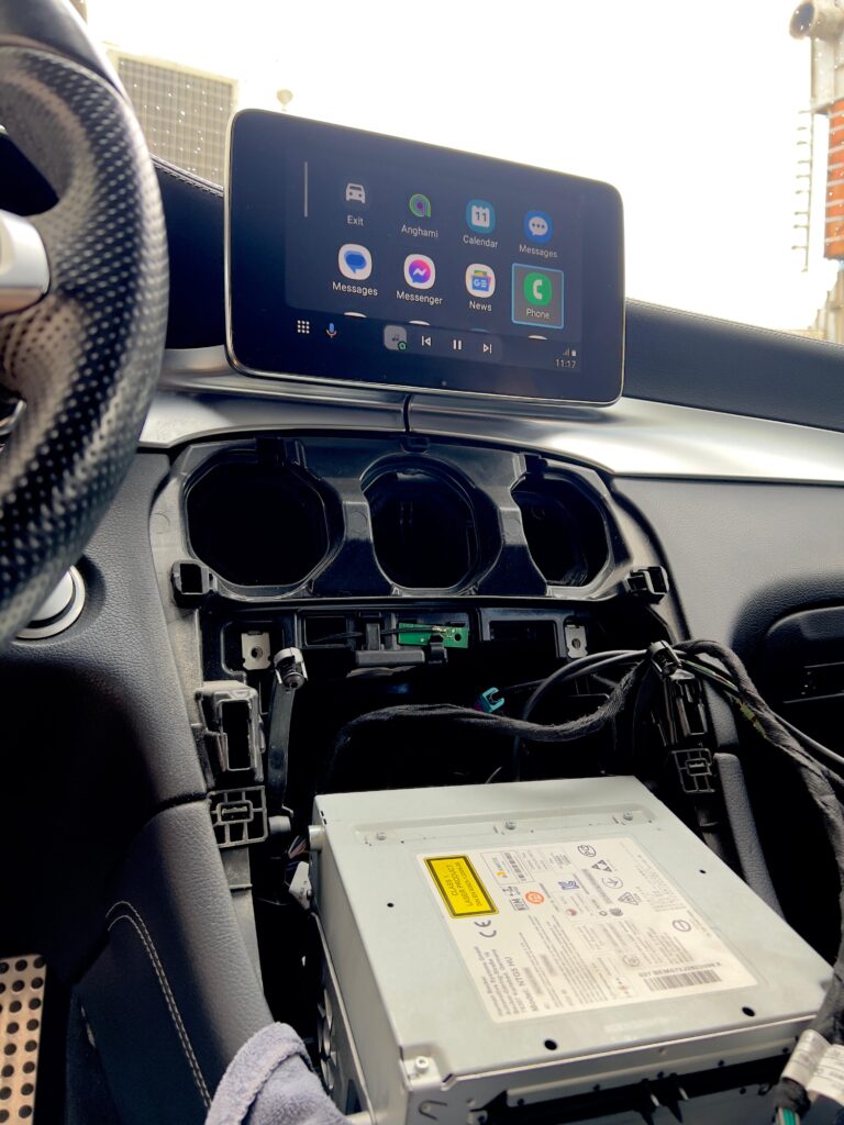 Android Auto interface displayed on original screen of Mercedes-Benz C-Class W205 after CarPlay system installation by DSUS in Dubai